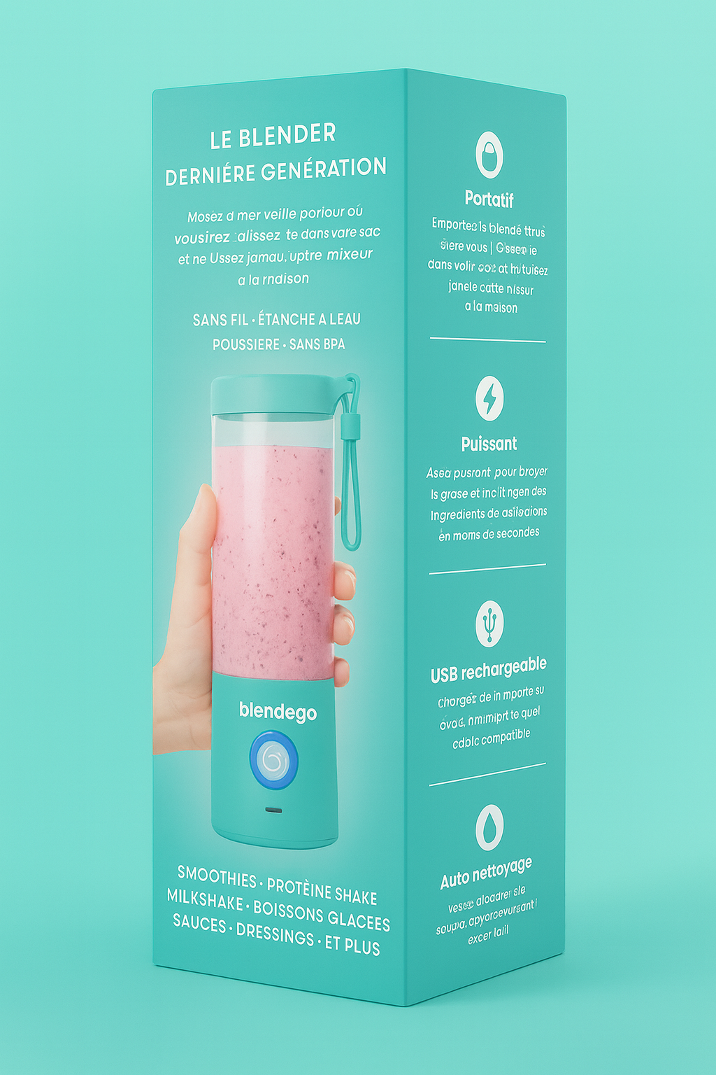 Boîte Blendego violette sur fond mauve